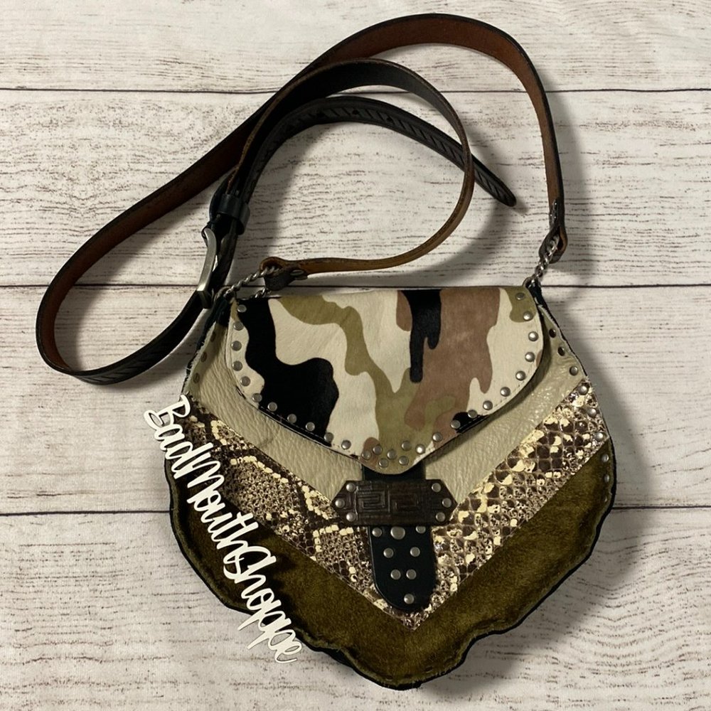 *Ransack Leather Upcycled Handmade Camo Snakeskin Crossbody Purse Saddle Bag